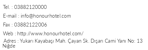 Honour Hotel telefon numaralar, faks, e-mail, posta adresi ve iletiim bilgileri